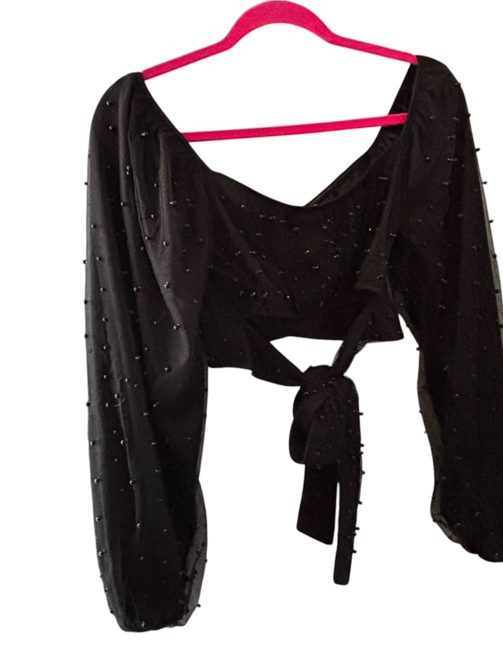 Windsor Sheer Pearl Sleeve Crop Top Size L Tie Back Blouse